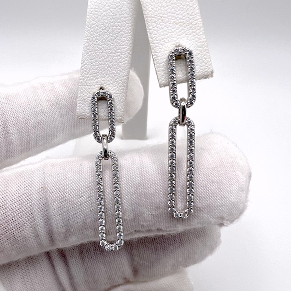 .925 Sterling Silver Rhodium Plated Dangling CZ Paperclip Earrings - Picture 9 of 17